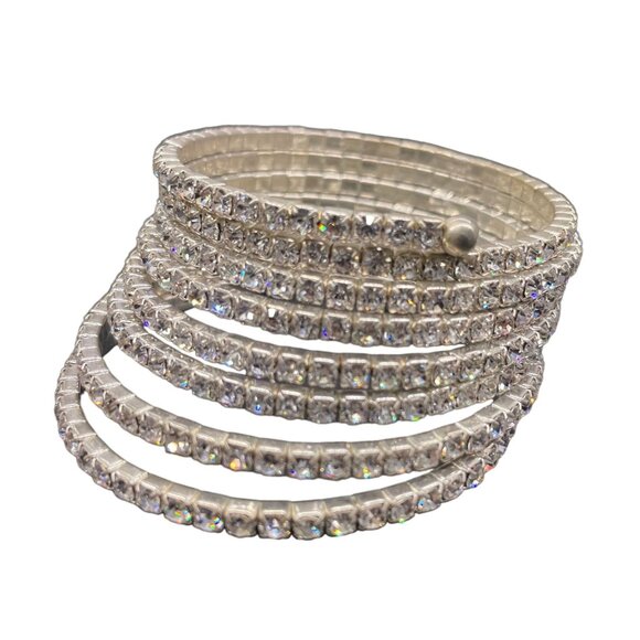 Crystal Wrap Bangle Bracelet Silver Tone Wedding Party/cocktail Date Night - Picture 1 of 5
